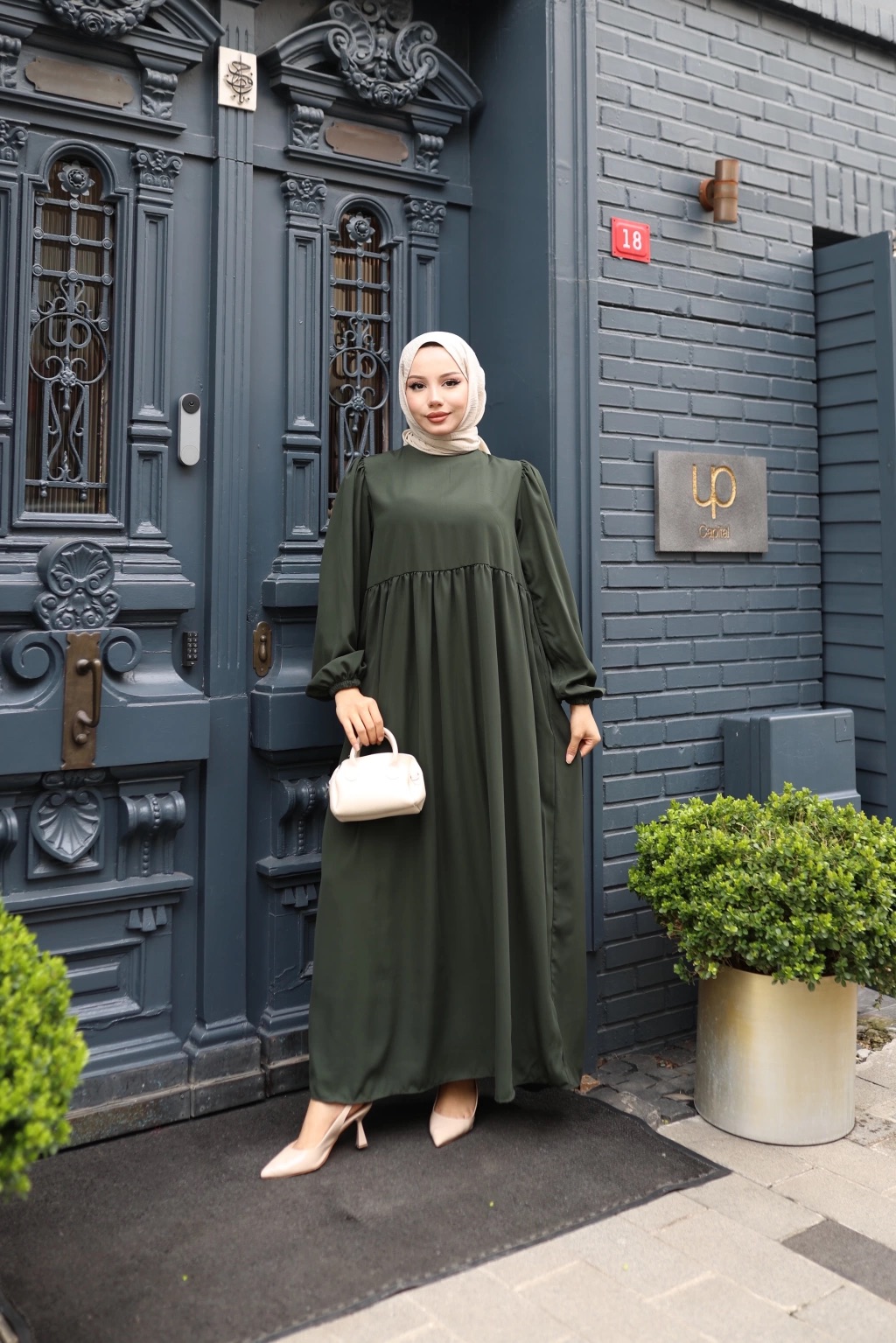 Medine İpeği Tesettür Elbise - Haki