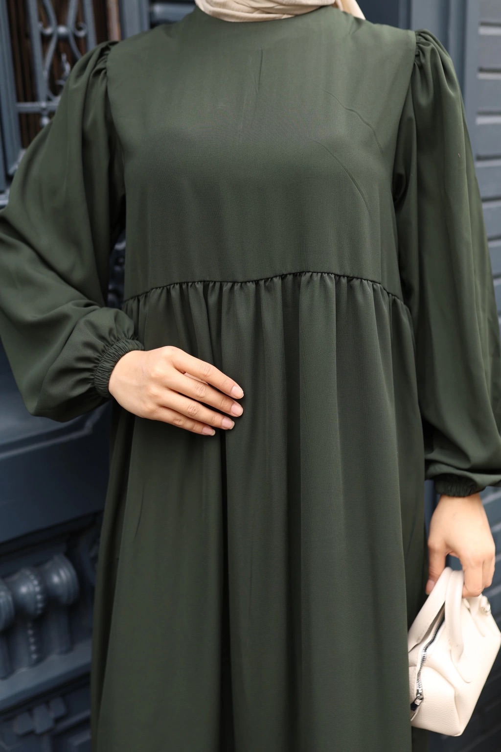 Medine İpeği Tesettür Elbise - Haki