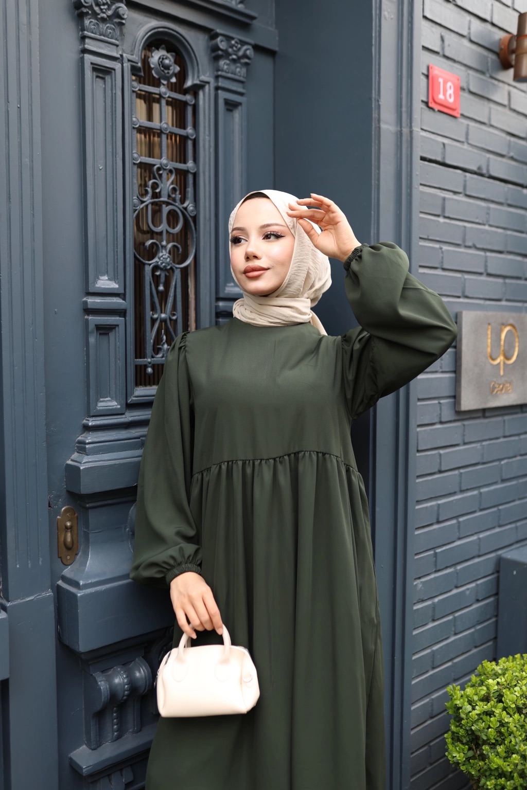 Medine İpeği Tesettür Elbise - Haki