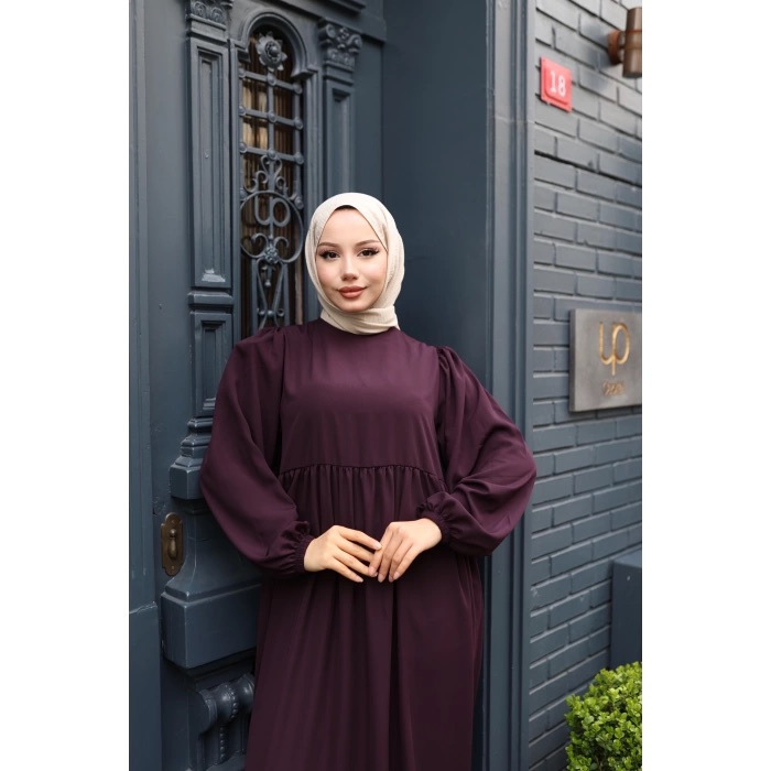 Medine İpeği Tesettür Elbise - Mürdüm