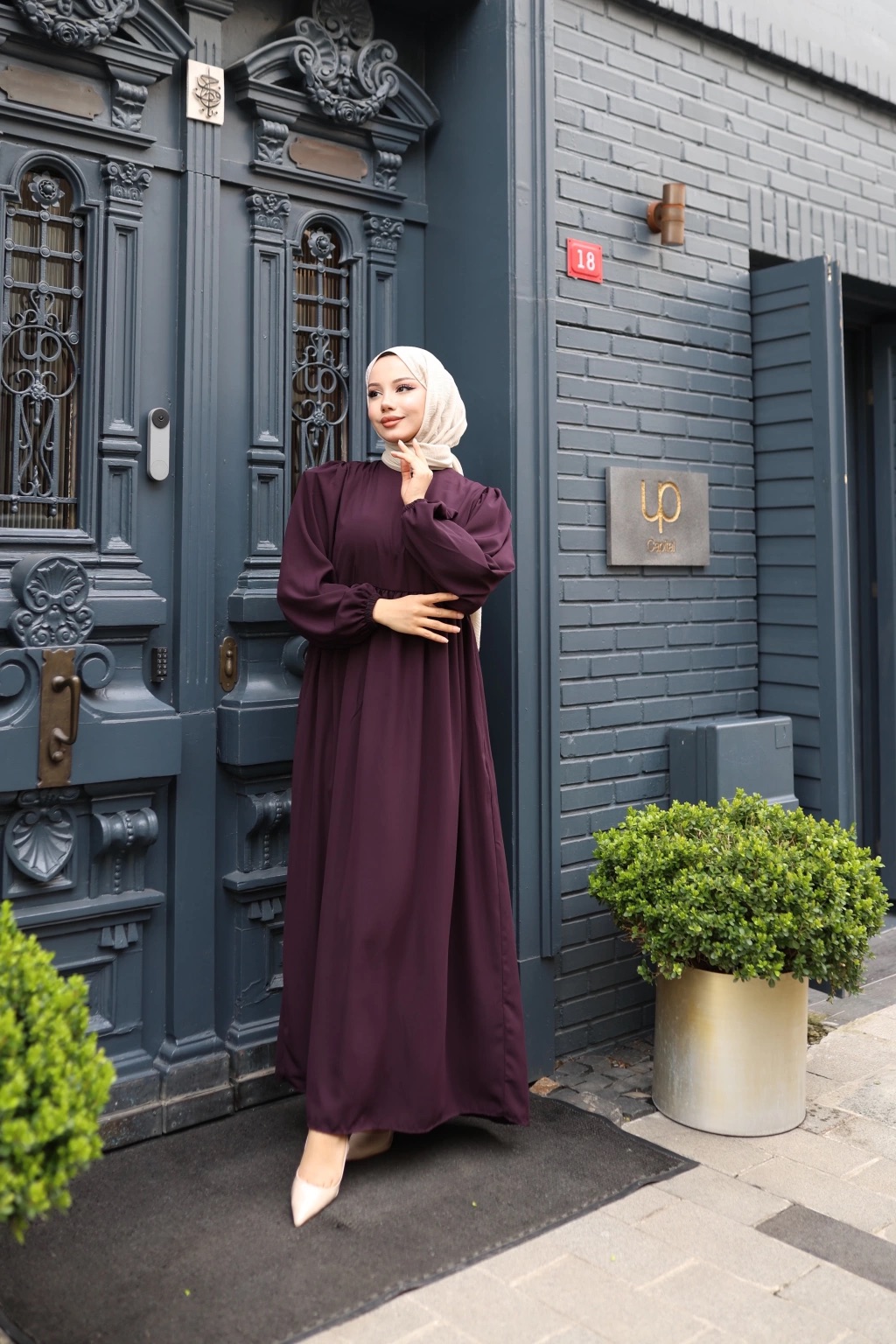 Medine İpeği Tesettür Elbise - Mürdüm