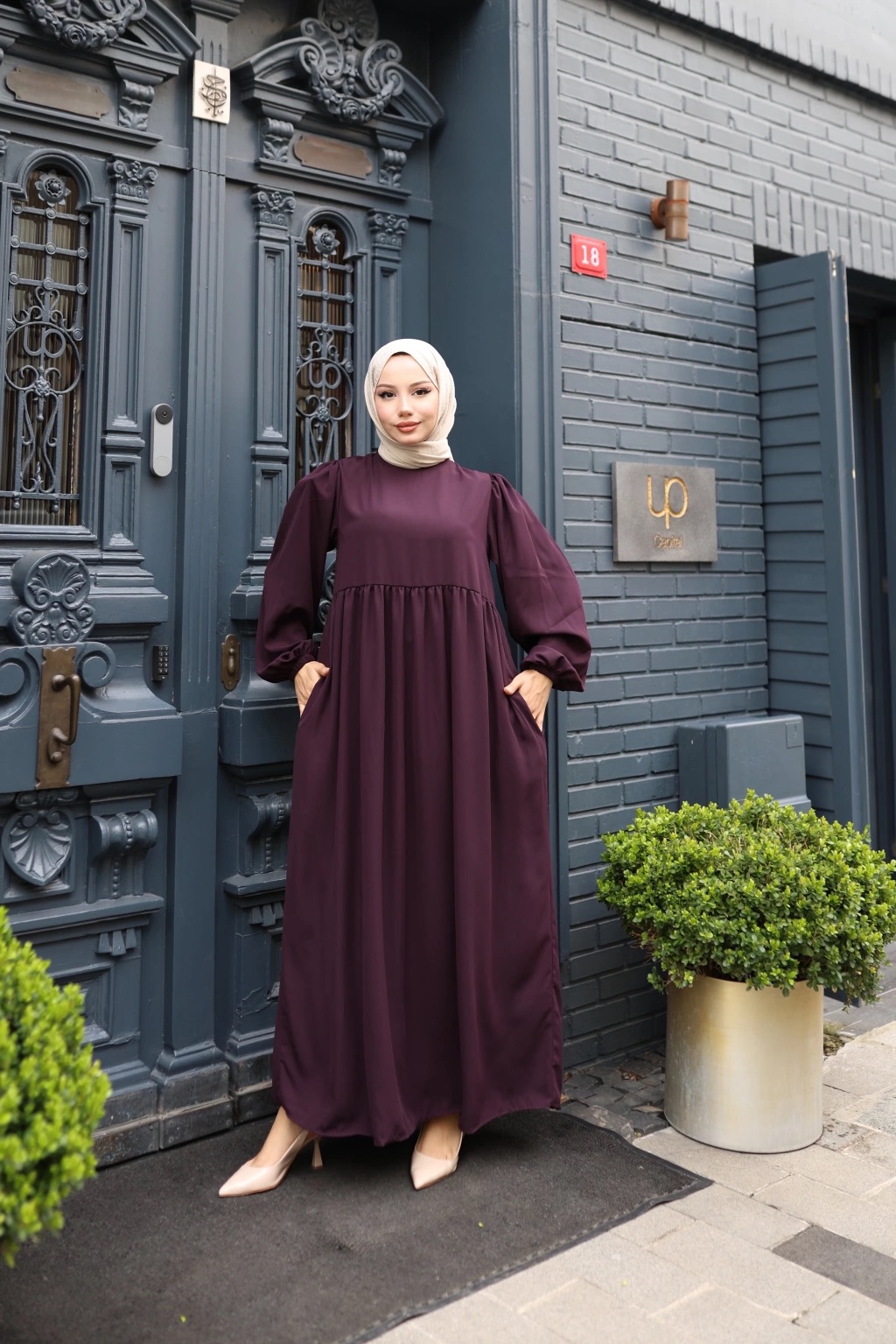 Medine İpeği Tesettür Elbise - Mürdüm