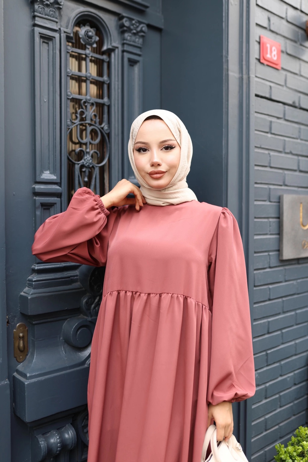 Medine İpeği Tesettür Elbise - Somon