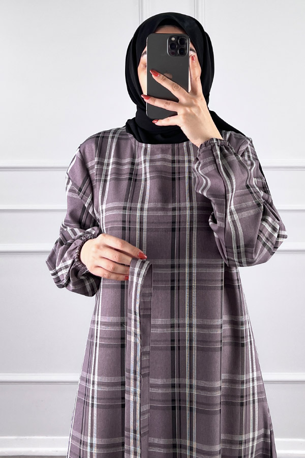 Mevsimlik Ekose Kumaş Elbise - Gül Kurusu