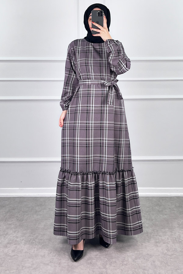 Mevsimlik Ekose Kumaş Elbise - Gül Kurusu