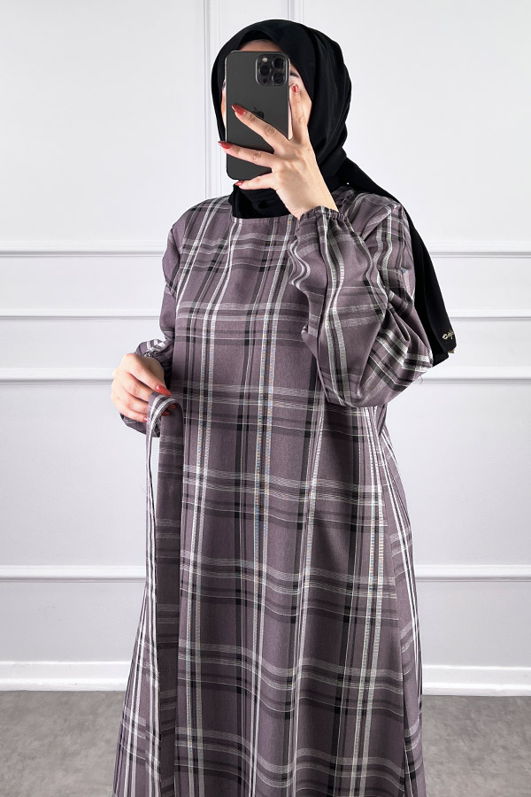 Mevsimlik Ekose Kumaş Elbise - Gül Kurusu