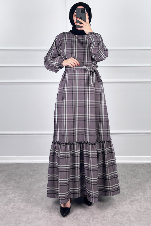 Mevsimlik Ekose Kumaş Elbise - Gül Kurusu