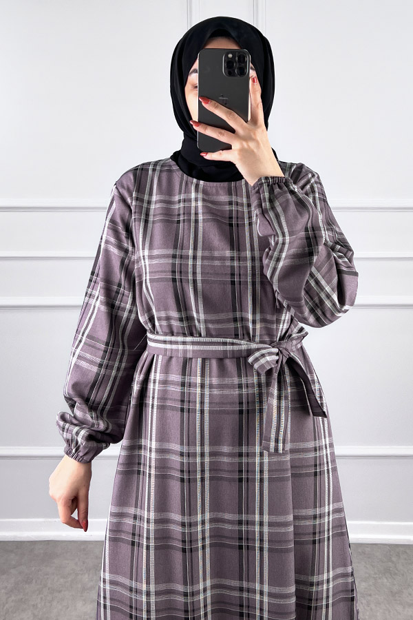 Mevsimlik Ekose Kumaş Elbise - Gül Kurusu