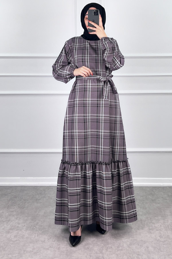 Mevsimlik Ekose Kumaş Elbise - Gül Kurusu