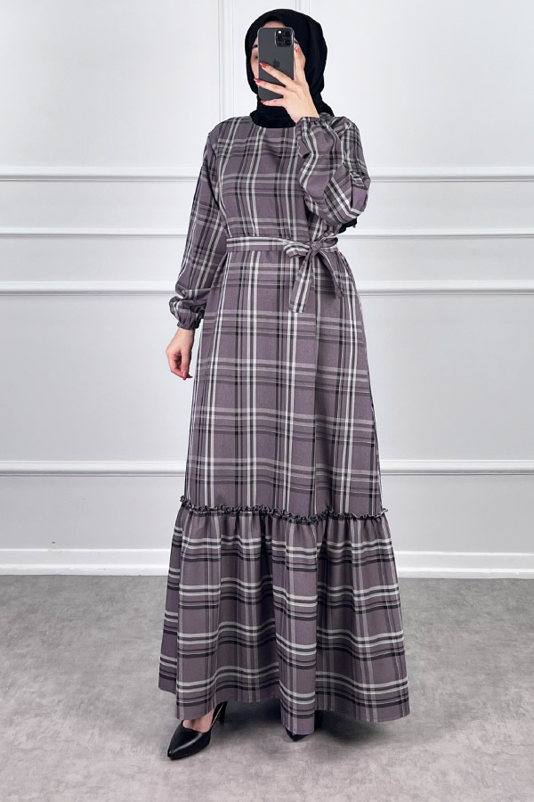 Mevsimlik Ekose Kumaş Elbise - Gül Kurusu