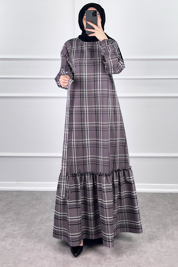 Mevsimlik Ekose Kumaş Elbise - Gül Kurusu