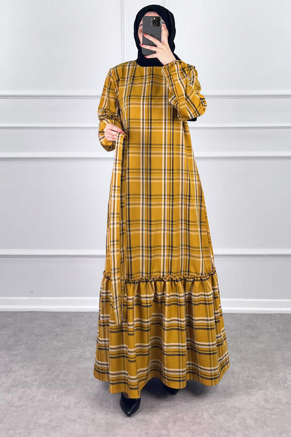 Mevsimlik Ekose Kumaş Elbise - Hardal Sarısı Mevsimlik Ekose Kumaş Elbise - Hardal Sarısı