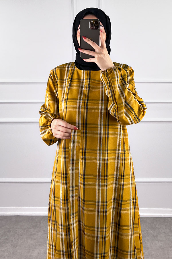 Mevsimlik Ekose Kumaş Elbise - Hardal Sarısı Mevsimlik Ekose Kumaş Elbise - Hardal Sarısı