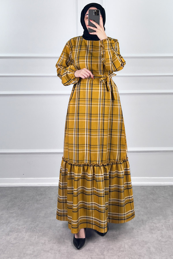 Mevsimlik Ekose Kumaş Elbise - Hardal Sarısı Mevsimlik Ekose Kumaş Elbise - Hardal Sarısı
