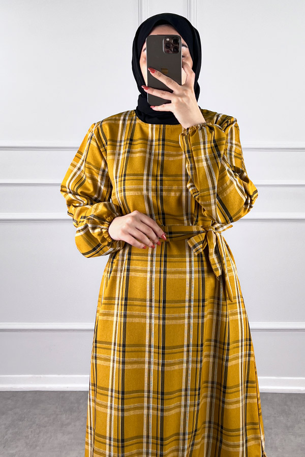 Mevsimlik Ekose Kumaş Elbise - Hardal Sarısı Mevsimlik Ekose Kumaş Elbise - Hardal Sarısı