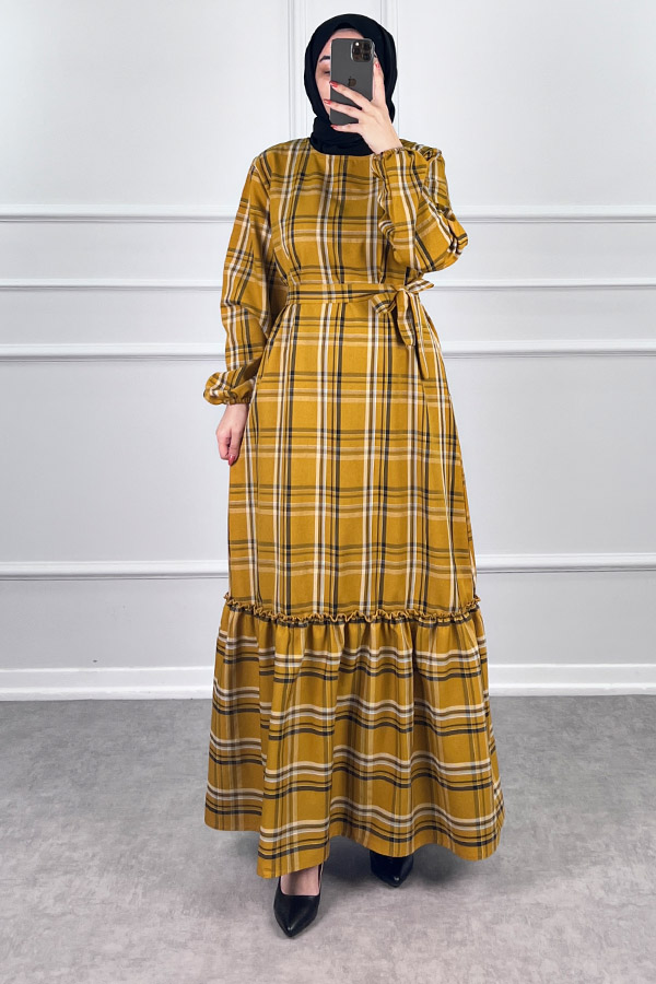 Mevsimlik Ekose Kumaş Elbise - Hardal Sarısı Mevsimlik Ekose Kumaş Elbise - Hardal Sarısı