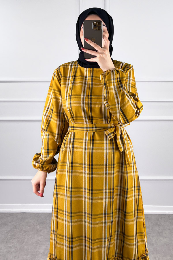 Mevsimlik Ekose Kumaş Elbise - Hardal Sarısı Mevsimlik Ekose Kumaş Elbise - Hardal Sarısı