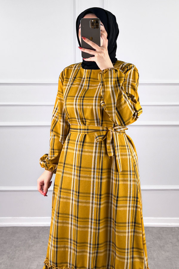 Mevsimlik Ekose Kumaş Elbise - Hardal Sarısı Mevsimlik Ekose Kumaş Elbise - Hardal Sarısı