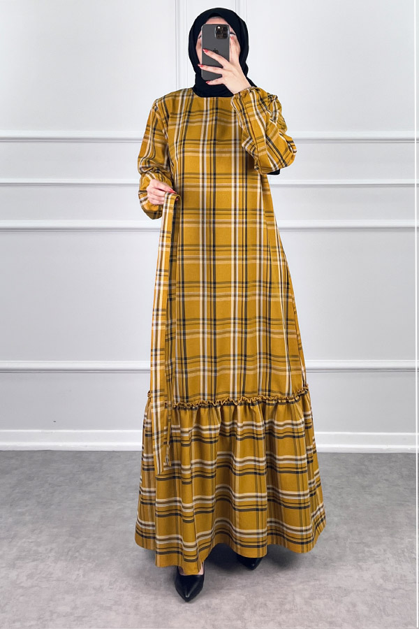 Mevsimlik Ekose Kumaş Elbise - Hardal Sarısı Mevsimlik Ekose Kumaş Elbise - Hardal Sarısı