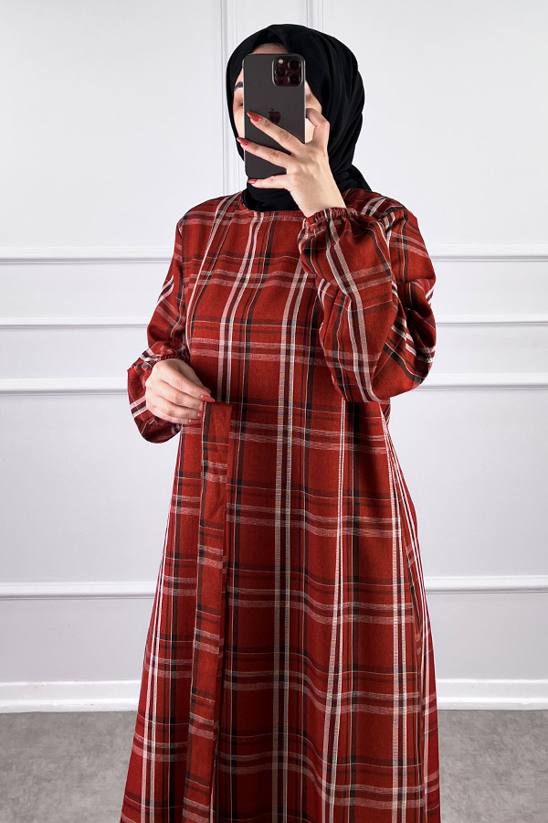 Mevsimlik Ekose Kumaş Elbise - Kırmızı