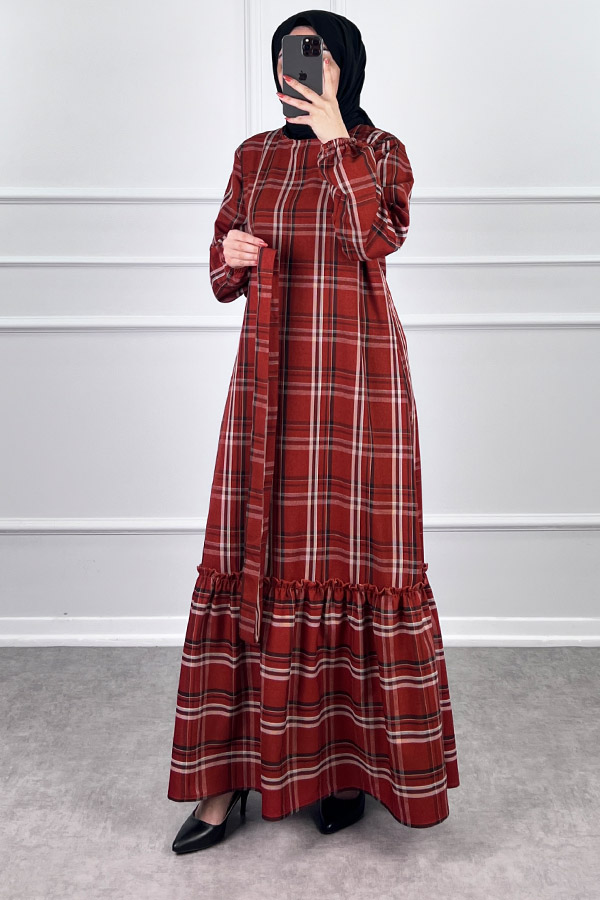 Mevsimlik Ekose Kumaş Elbise - Kırmızı