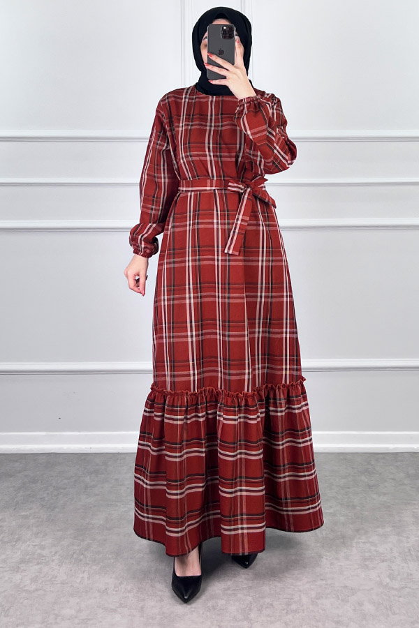 Mevsimlik Ekose Kumaş Elbise - Kırmızı