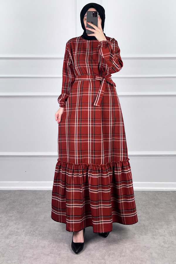 Mevsimlik Ekose Kumaş Elbise - Kırmızı