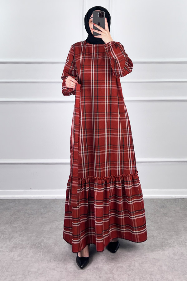 Mevsimlik Ekose Kumaş Elbise - Kırmızı