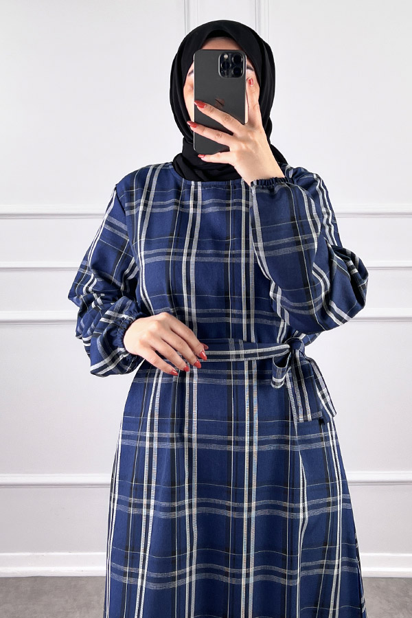 Mevsimlik Ekose Kumaş Elbise - Mavi Mevsimlik Ekose Kumaş Elbise - Mavi