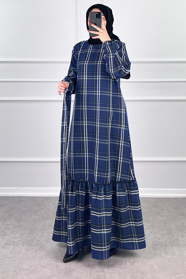 Mevsimlik Ekose Kumaş Elbise - Mavi Mevsimlik Ekose Kumaş Elbise - Mavi