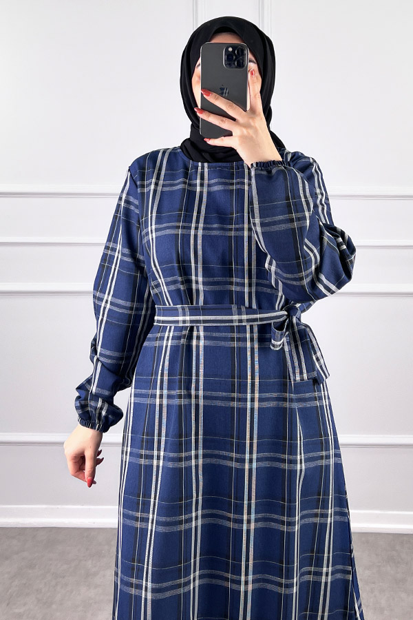 Mevsimlik Ekose Kumaş Elbise - Mavi Mevsimlik Ekose Kumaş Elbise - Mavi