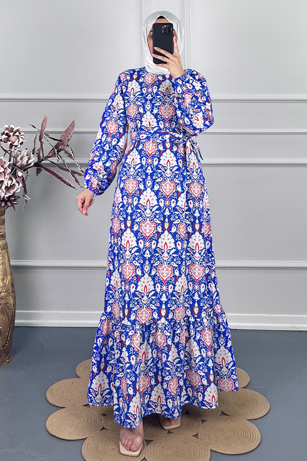 Modern Desen Elbise - Mavi