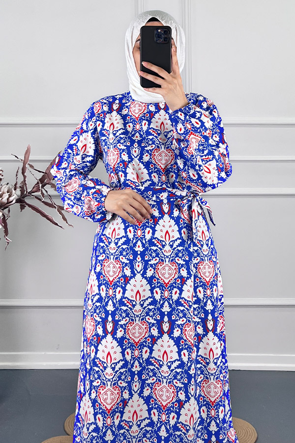 Modern Desen Elbise - Mavi