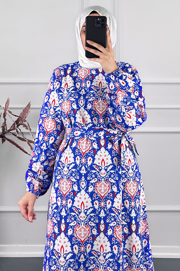 Modern Desen Elbise - Mavi