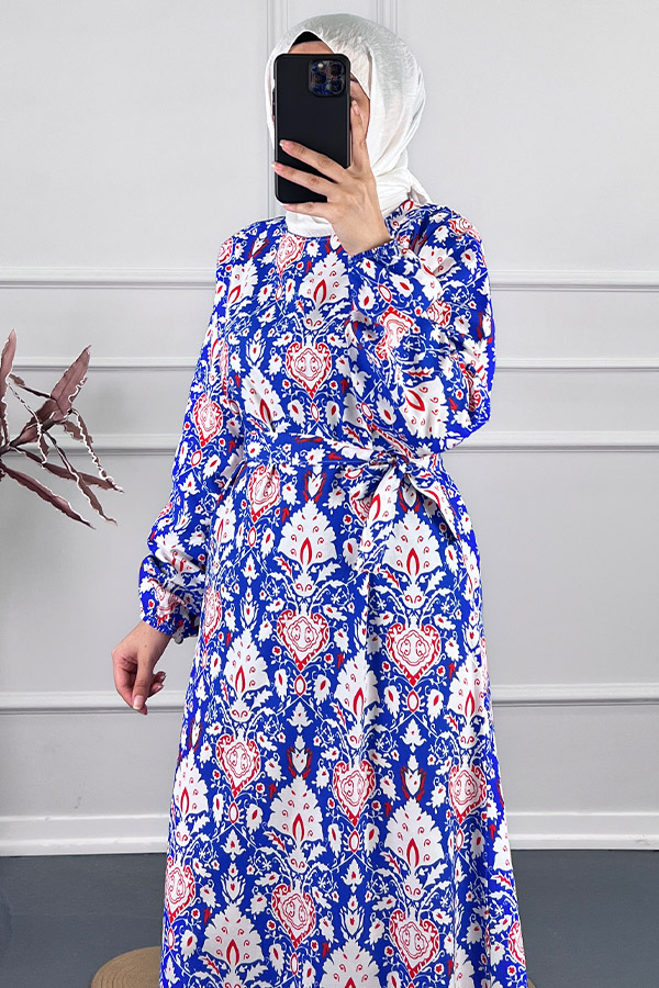 Modern Desen Elbise - Mavi