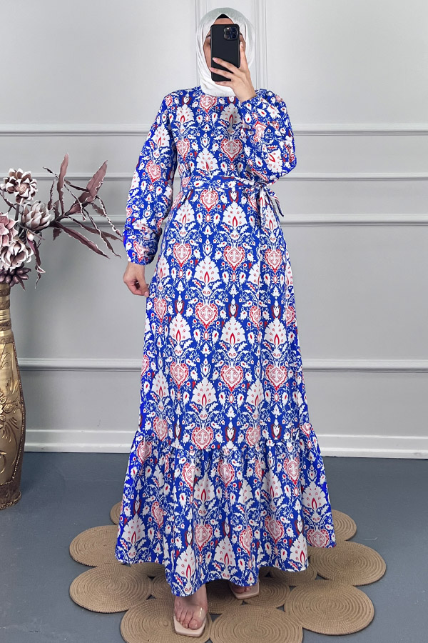Modern Desen Elbise - Mavi