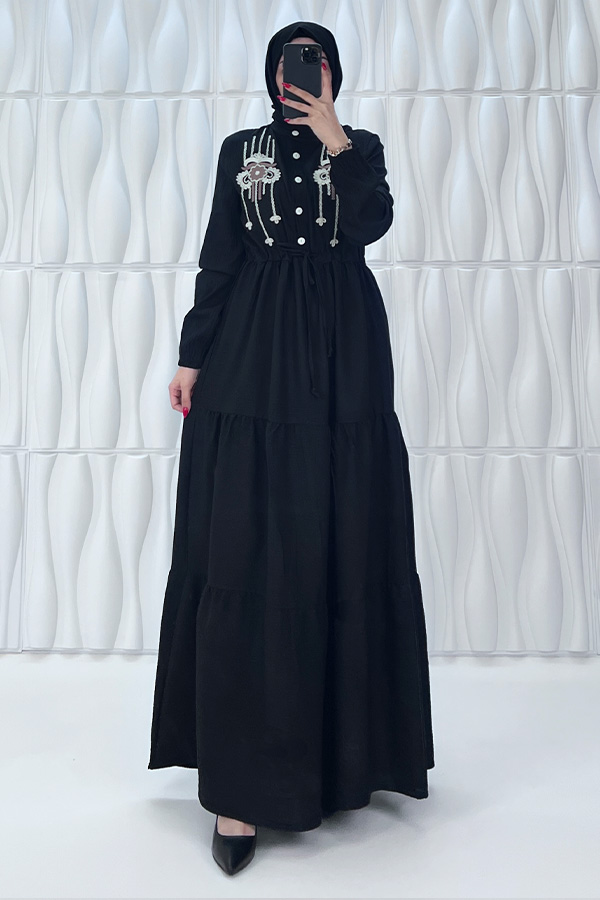 Nakışlı Düğmeli Elbise - Siyah