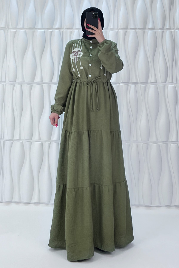Nakışlı Düğmeli Elbise - Yeşil
