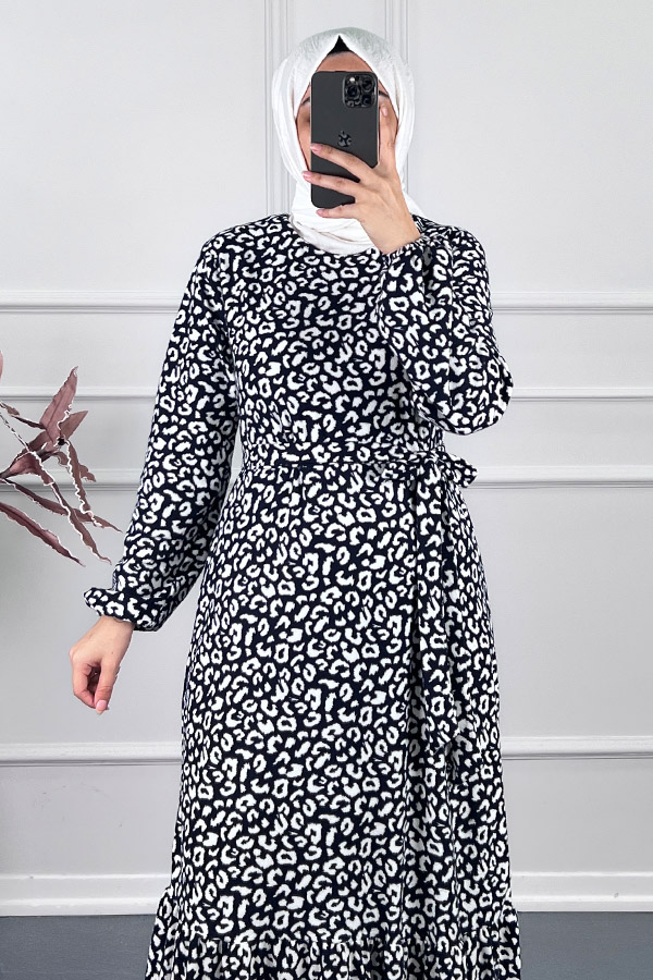 Natural Desenli Kışlık Süet Elbise - Lacivert