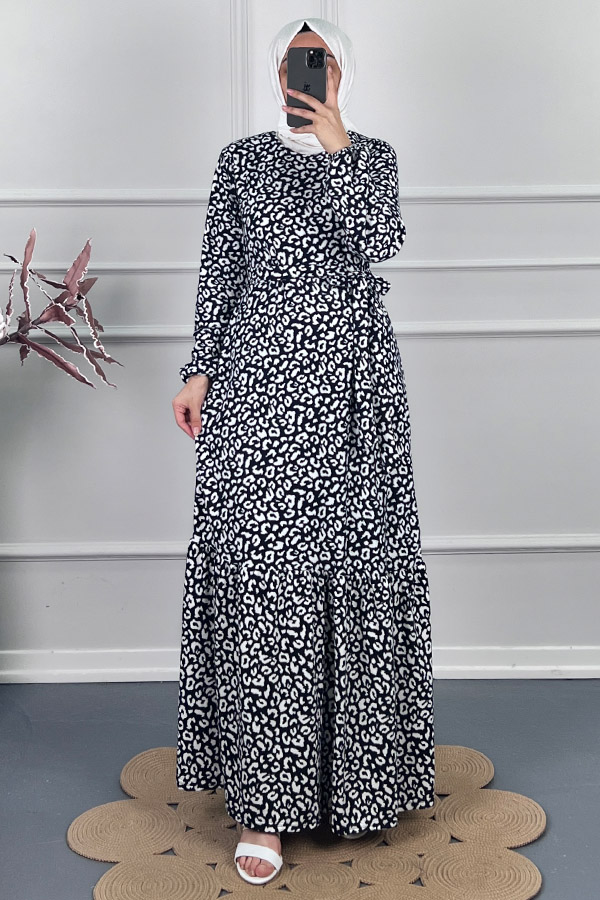 Natural Desenli Kışlık Süet Elbise - Lacivert