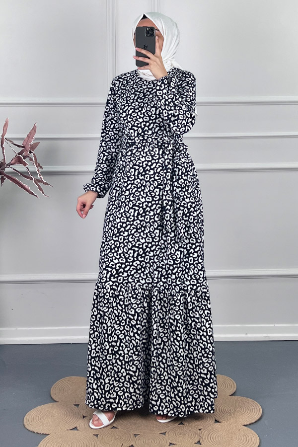 Natural Desenli Kışlık Süet Elbise - Lacivert