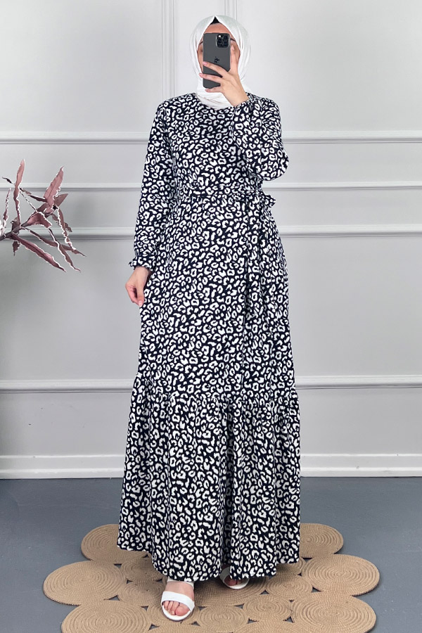 Natural Desenli Kışlık Süet Elbise - Lacivert