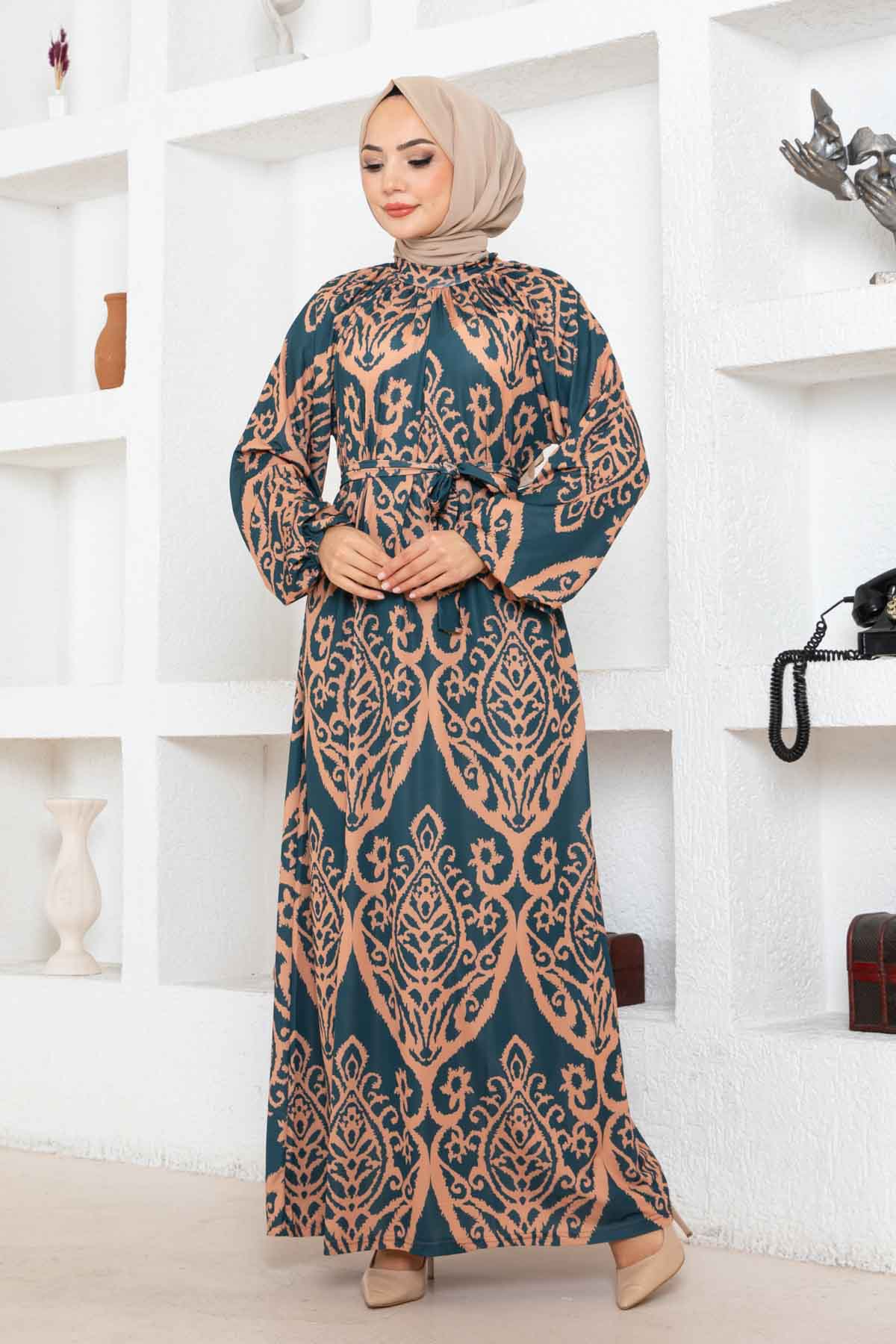 Nilüfer Desen Reglan Elbise - Yeşil