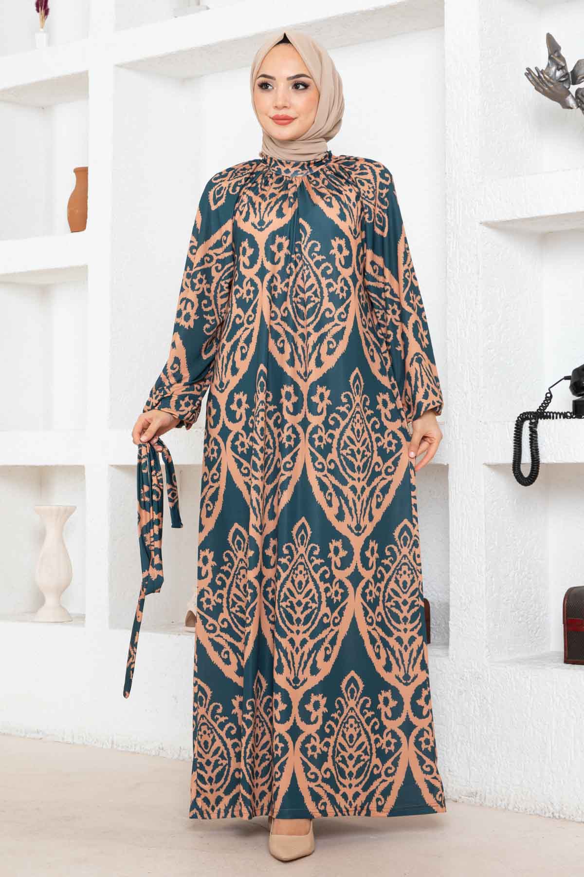 Nilüfer Desen Reglan Elbise - Yeşil