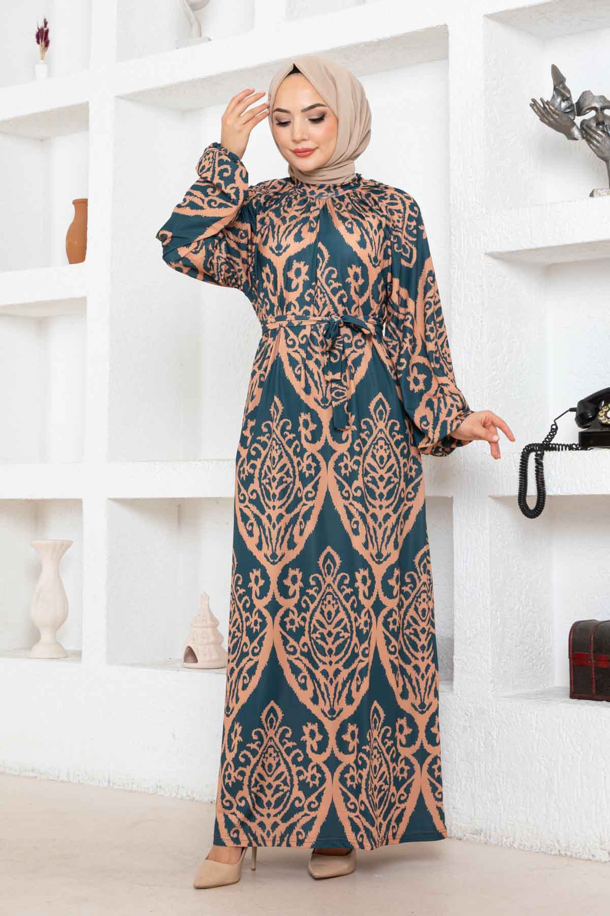 Nilüfer Desen Reglan Elbise - Yeşil