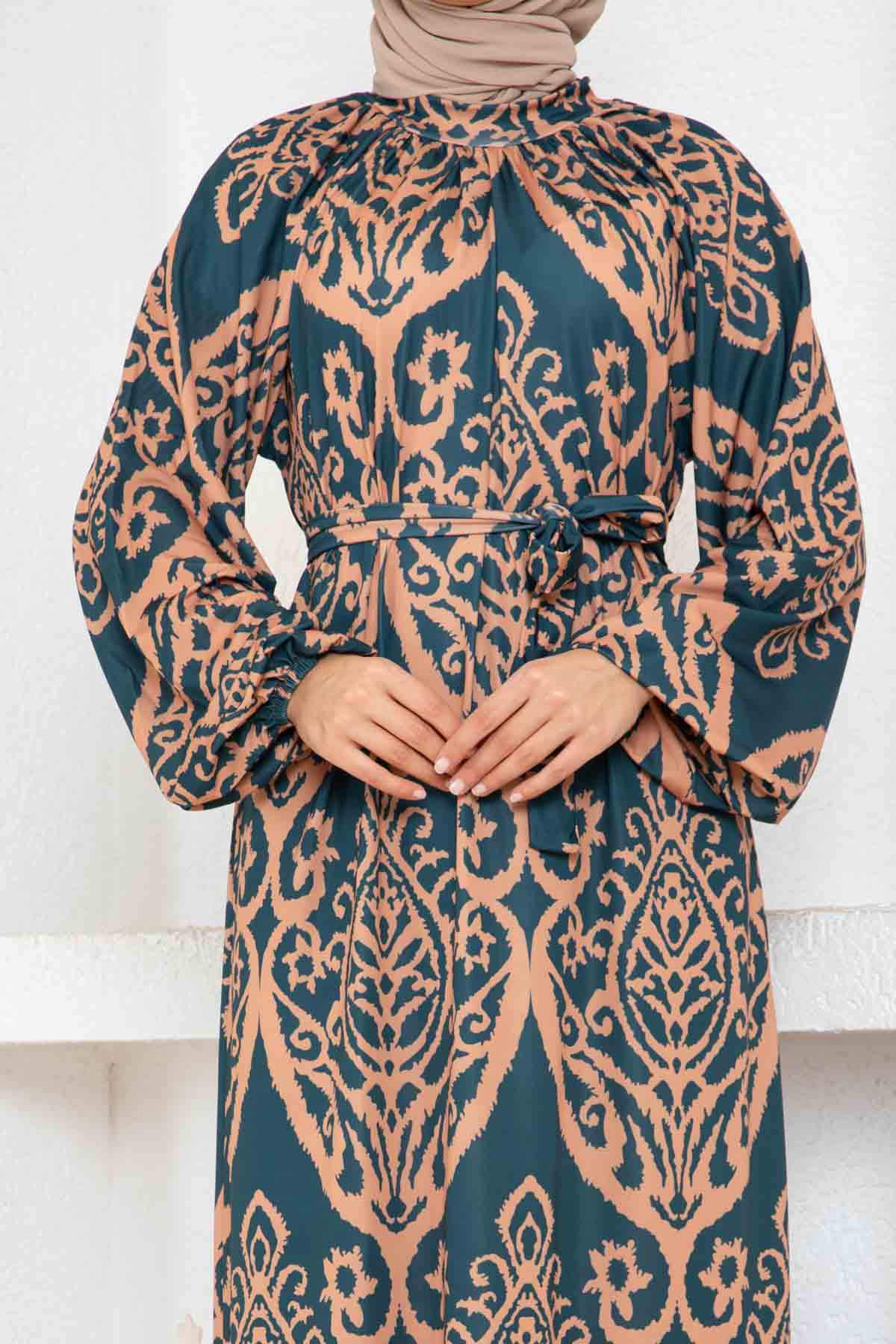 Nilüfer Desen Reglan Elbise - Yeşil