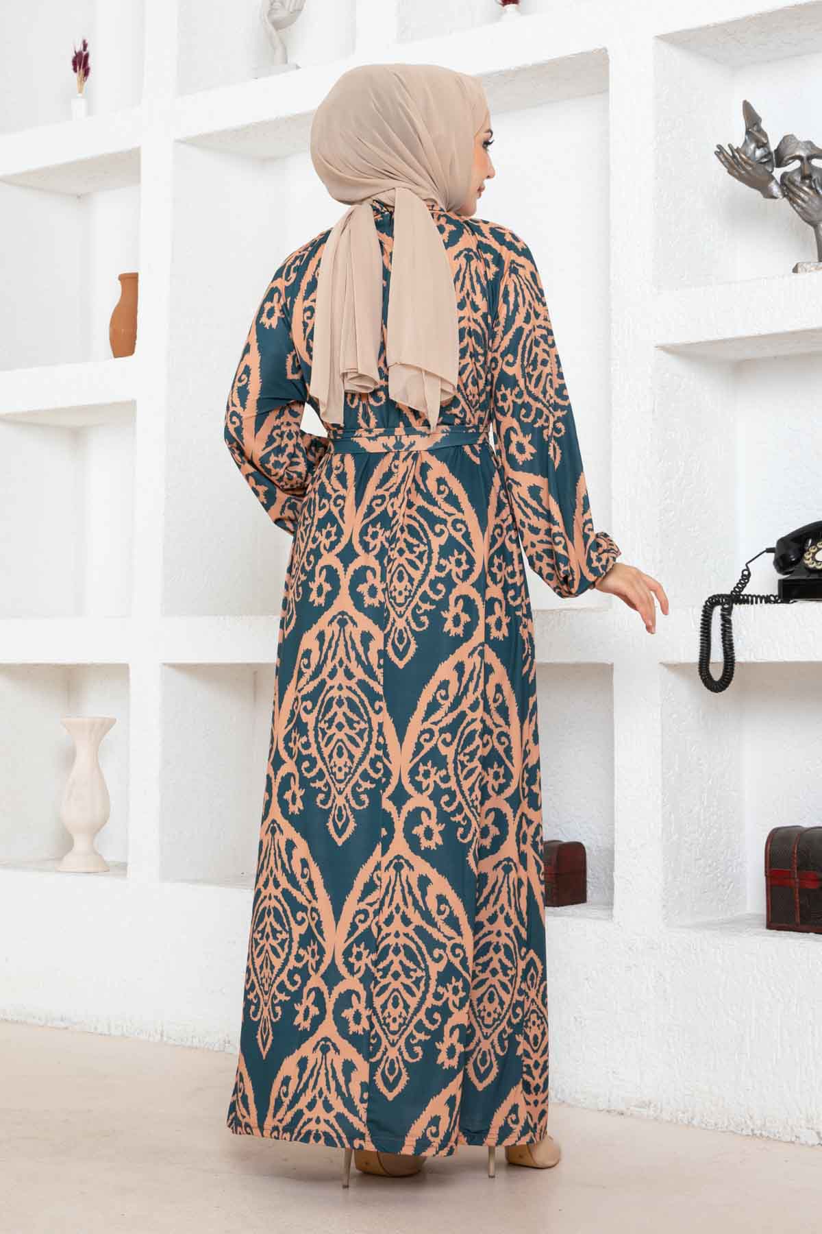 Nilüfer Desen Reglan Elbise - Yeşil