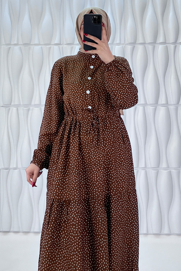 Nokta Desenli Düğmeli Viskon Elbise - Kahverengi