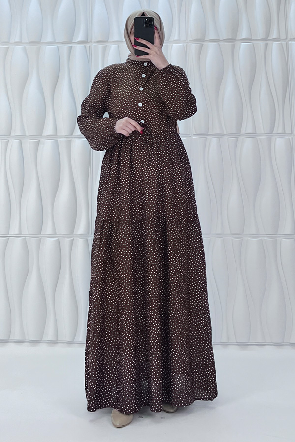 Nokta Desenli Düğmeli Viskon Elbise - Kahverengi