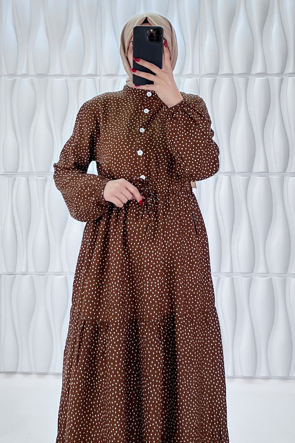 Nokta Desenli Düğmeli Viskon Elbise - Kahverengi
